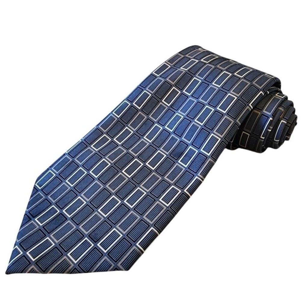 Umberto Bossi Necktie Silk Geometric Pattern Blue Gray‎ White Men's Tie